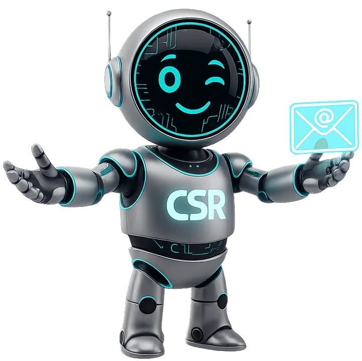 CSRobot con los brazos abiertos sosteniendo un sobre de correo holográfico