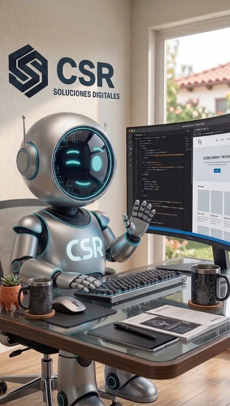 CSRobot trabajando en un escritorio con un monitor curvo lleno de código, junto al logotipo de CSR Soluciones Digitales