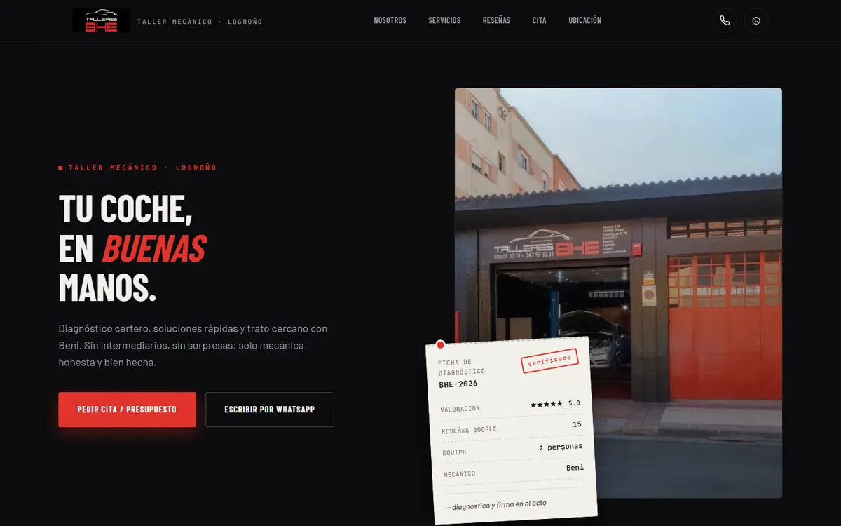 Página web de Talleres Bhe en Logroño diseñada por CSR Soluciones Digitales, vista en ordenador
